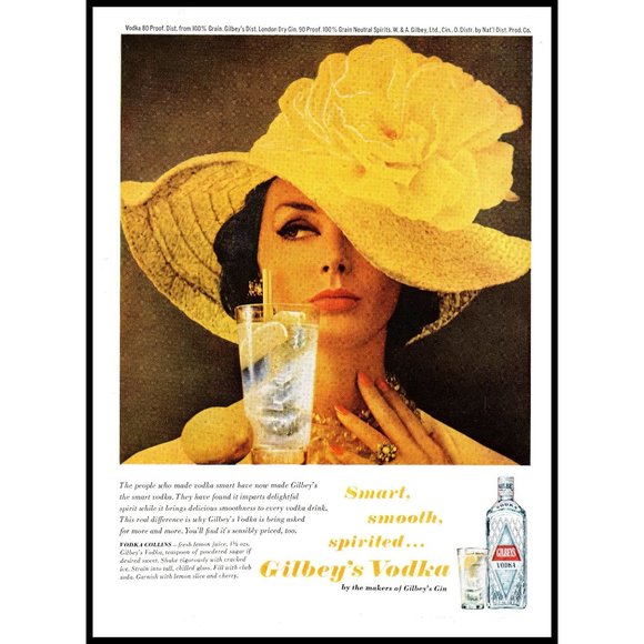 1963 Gilbey's Vodka Vintage Print Ad Brunette Yellow Flower Hat Lemon Wall Art - Picture 1 of 1